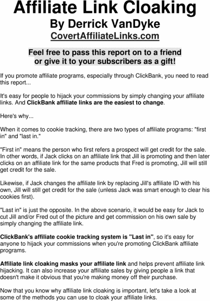 Product picture Affiliate Link Cloaking + Special Related eBook